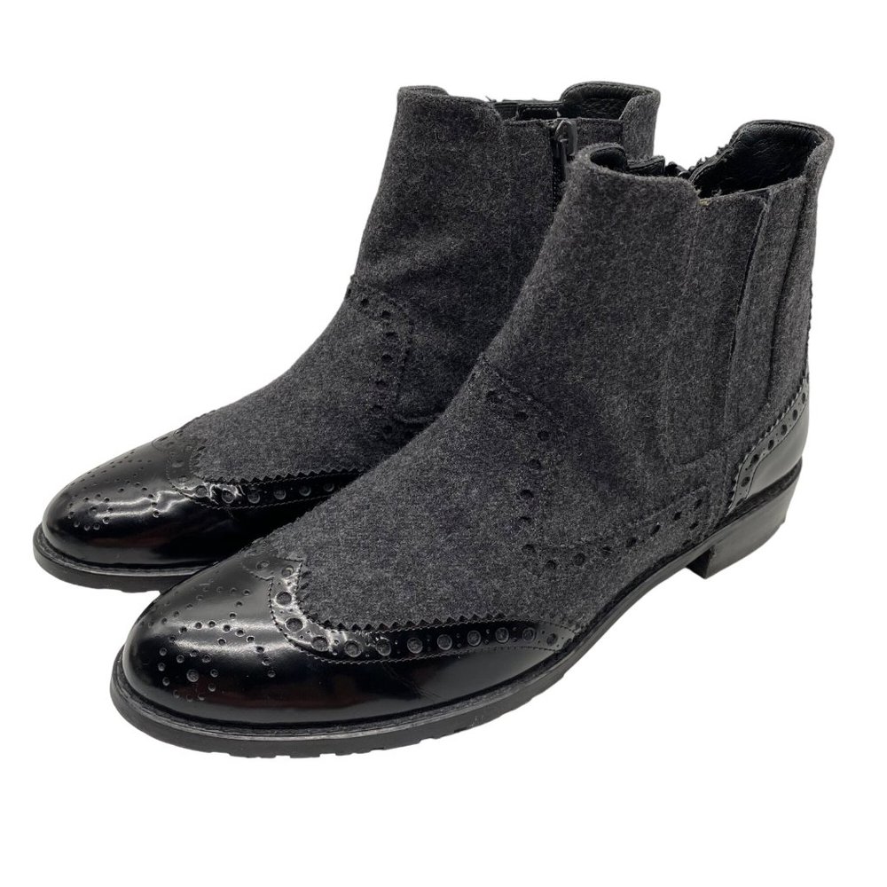 Stuart Weitzman Black/Gray Wingtip Wool Patent Leather Ankle Boots Women's 7.5